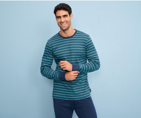 pigiama uomo girocollo in interlock, verde a righe