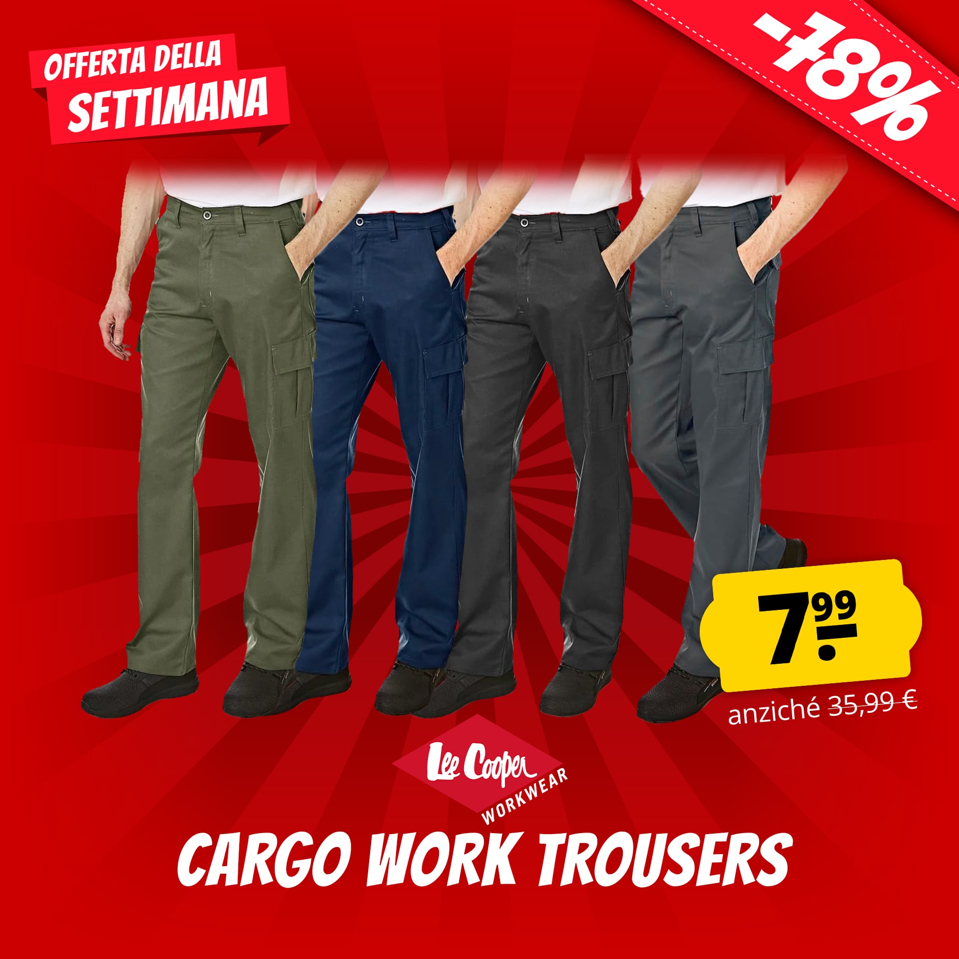 Lee Cooper uomo pantaloni cargo da lavoro neri