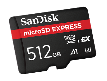 Un primo piano di una scheda di memoria SanDisk microSD Express da 512 GB.