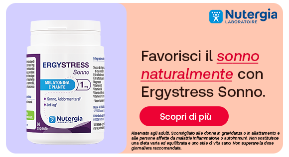 „Banner Nutergia: confezione di Ergystress Sonno con melatonina e piante. Testo: ‘Favorisci il sonno naturalmente con Ergystress Sonno.’ Pulsante rosso: Scopri di più.“