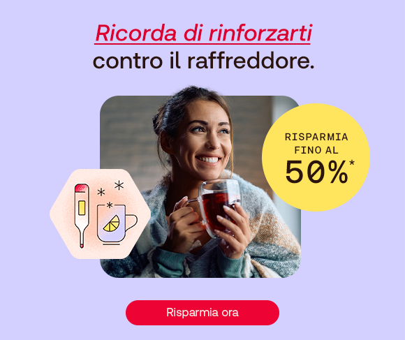 „Banner promozionale: donna sorride avvolta in una coperta mentre beve una tisana calda. Testo: ‘Rinforza il tuo benessere contro il raffreddore.’ Cerchio giallo con scritta ‘Risparmia fino al 50%’. Pulsante rosso: ‘Risparmia ora’.“