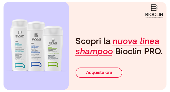„Banner Bioclin: tre flaconi di shampoo Bioclin PRO su sfondo lilla. Testo: ‘Scopri la nuova linea shampoo Bioclin PRO.’ Pulsante rosso: Acquista ora.“