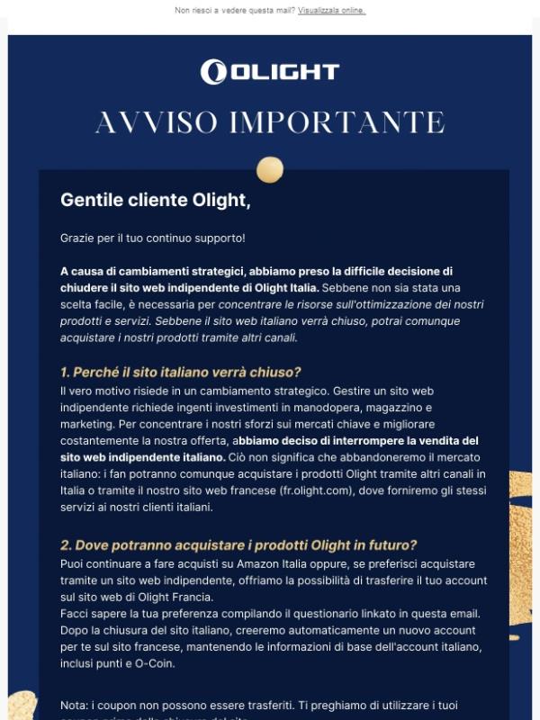 Avviso importante: il sito web di Olight Italia cesserà le attività