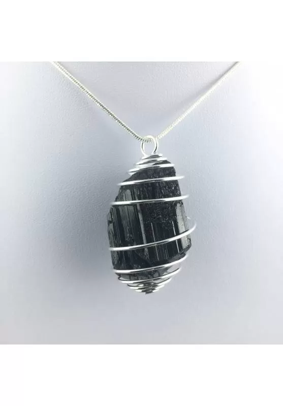 Image of Ciondolo TORMALINA NERA  GREZZA  MADAGASCAR Montato Artigianalmente Spirale Argento A+