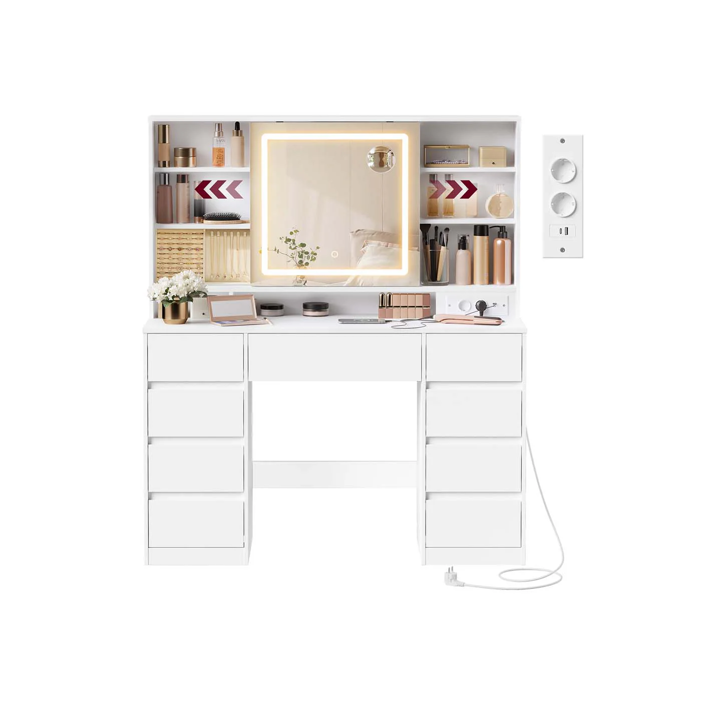 Image of Toeletta con specchio LED multipresa e nove cassetti