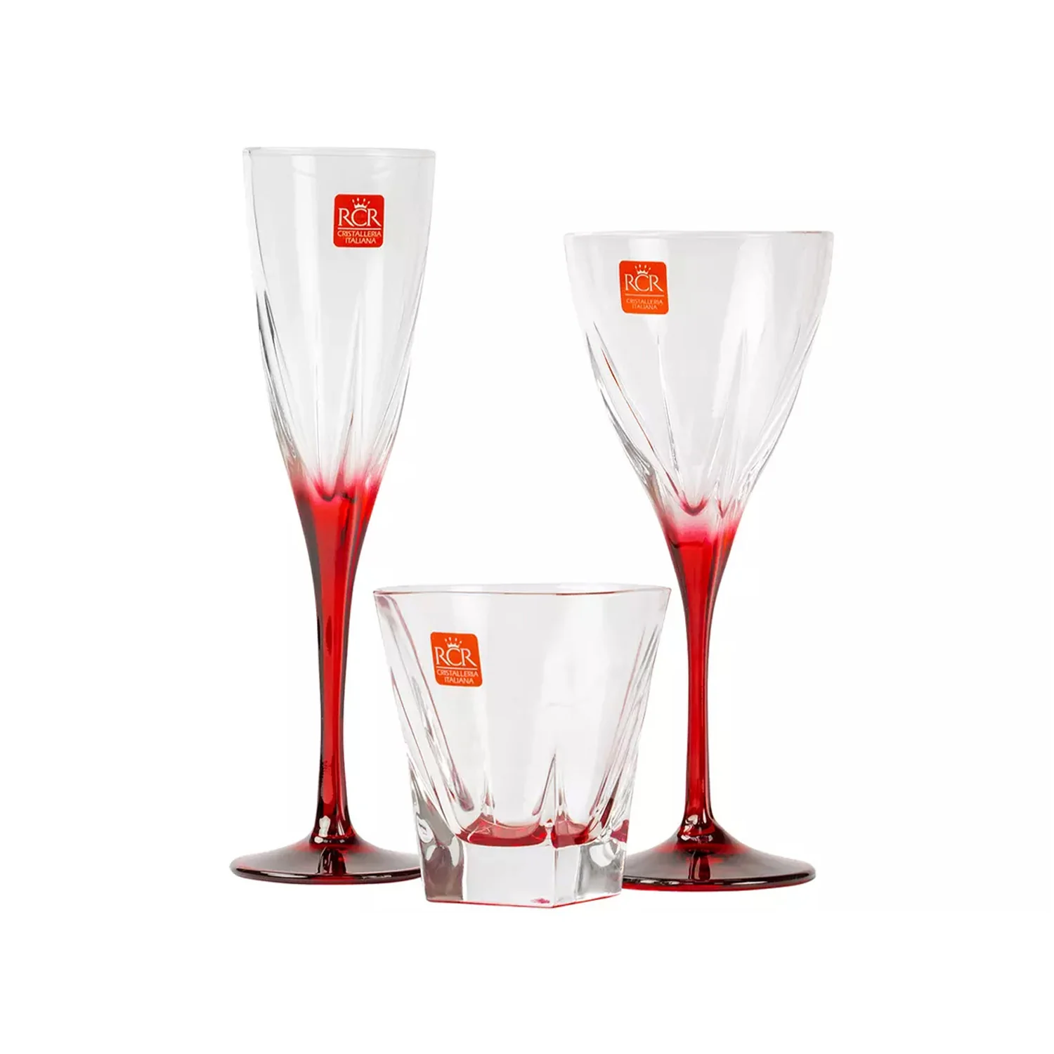 Image of Set 6 Calici 6 Flute 6 Bicchieri con Gambo Rosso 