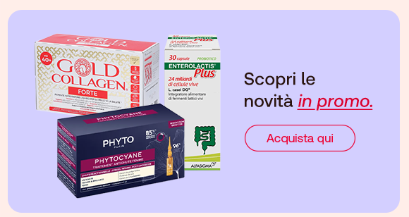 „Banner con confezioni di Gold Collagen Forte, Enterolactis Plus e Phytocyane. Testo: ‘Scopri le novità in promo.’ Pulsante rosso: Acquista qui.“