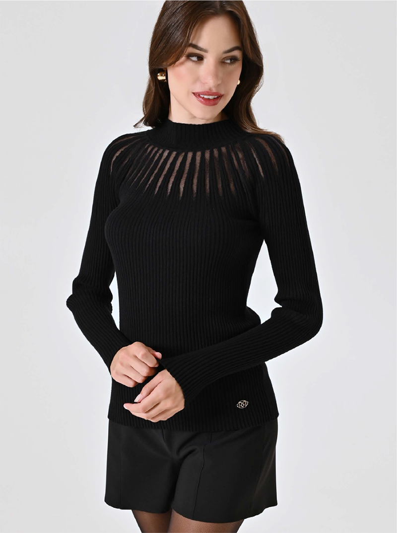 Lupetto Nero con Inserti in Tulle