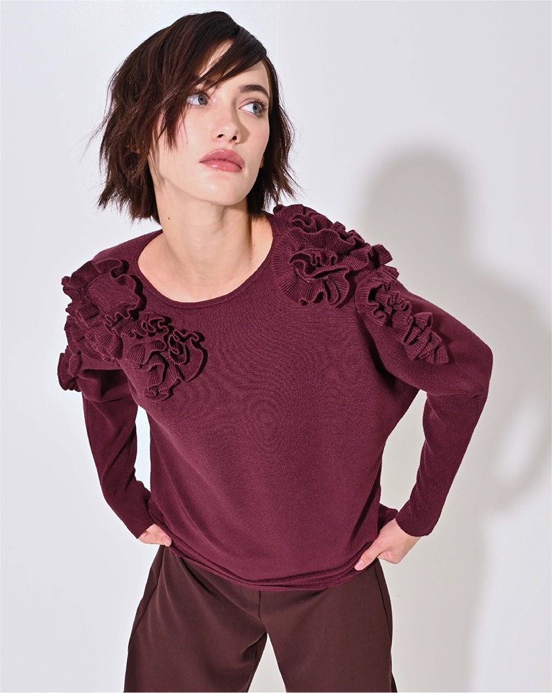 Maglione Bordeaux con Fiori in Rilievo