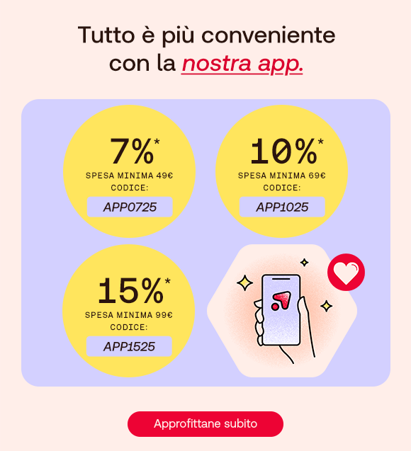 „Banner con tre cerchi gialli che mostrano i codici sconto Redcare app: 7% con codice APP0725, 10% con codice APP1025 e 15% con codice APP1525. Illustrazione di uno smartphone con cuore. Testo: Tutto è più conveniente con la nostra app. Pulsante rosso: Approfittane subito.“