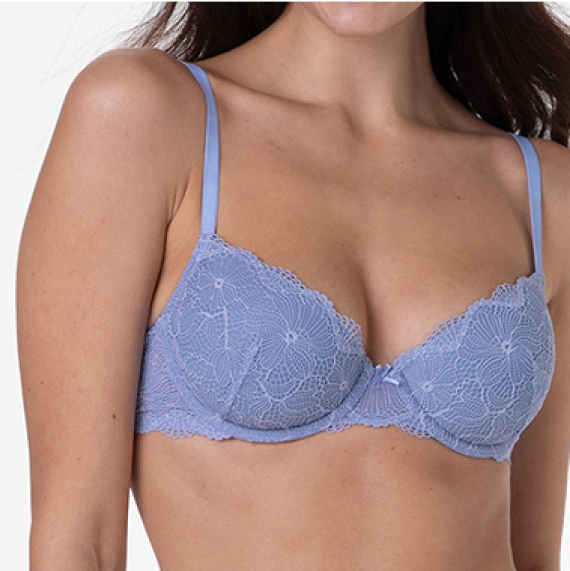 dettaglio reggiseno imbottito in pizzoe microfibra color avio