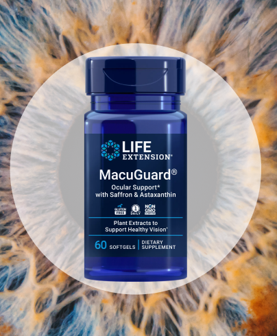 alt="Supporto oculare Life Extension MacuGuard con flacone di zafferano e astaxantina esposto davanti a un dettagliato primo piano dell'iride, che simboleggia la protezione della vista e la salute degli occhi.»