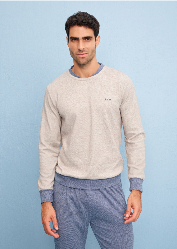 pigiama uomo grigio e beige con logo in cotone interlock