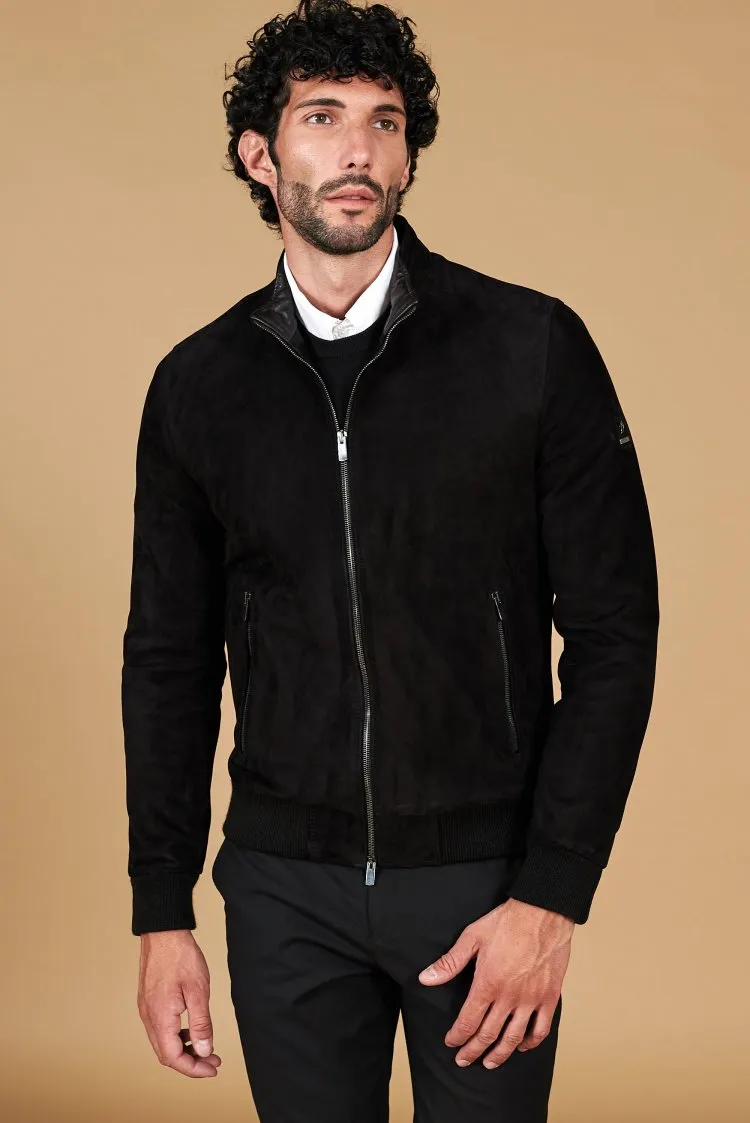 Image of Giubbotto bomber in pelle scamosciata nera collo coreana