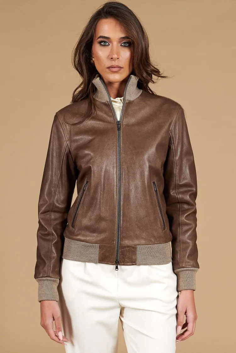 Image of Bomber in pelle color fango effetto vintage