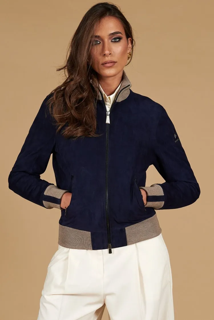 Image of Bomber in pelle scamosciata blu collo in lana merino