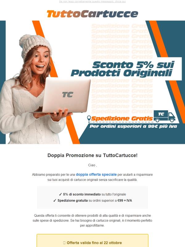 ULTIMO GIORNO : Sconto 5% su tutto l'originale + Spese gratis da €99+iva di materiale ! Approfittane