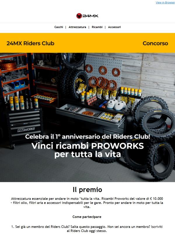 Vinci ricambi Proworks per tutta la vita – celebra 1 anno di Riders Club!
