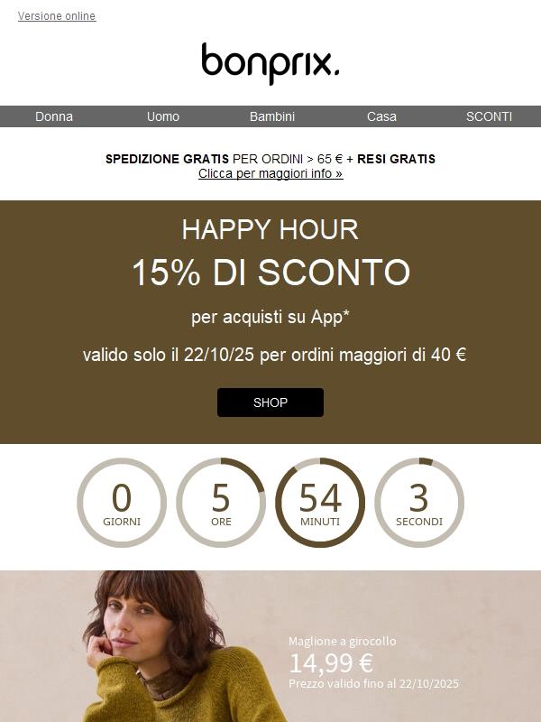 Solo per poche ore: 15% di sconto nella App