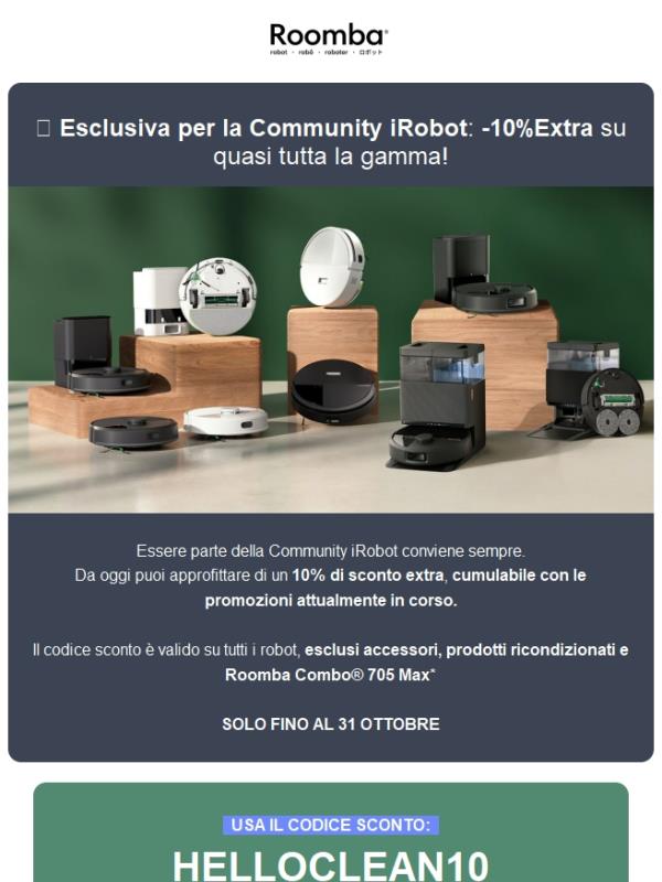 😱 Solo per la Community iRobot: -10%EXTRA con codice sconto