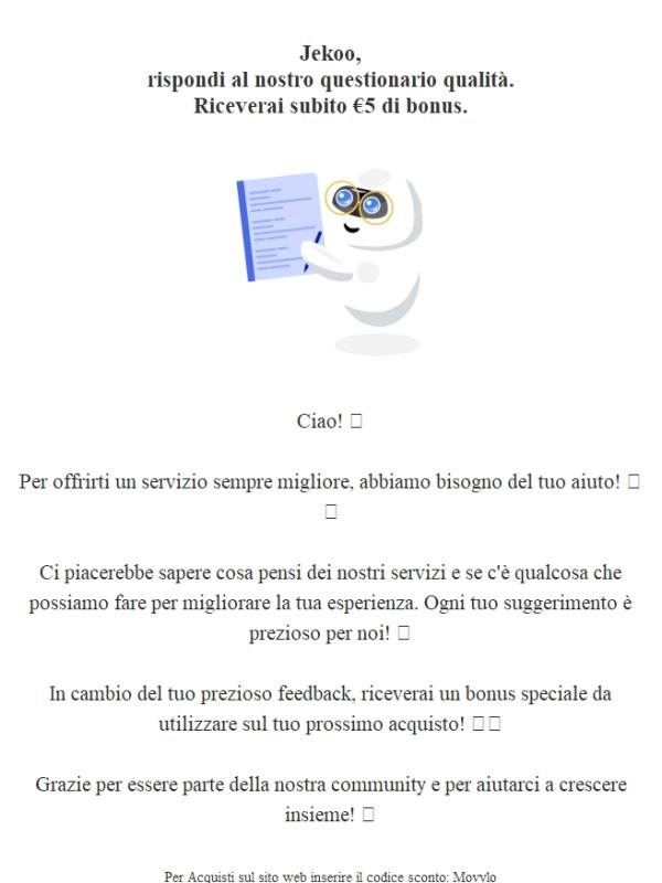 Jekoo, rispondi al nostro questionario qualità per ricevere €5 di bonus
