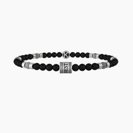 BEST FRIENDS  Bracciale elastico con pietre in agata nera alternate a pietre in agata grigia e inserto in acciaio con scritta "Best Friends"
