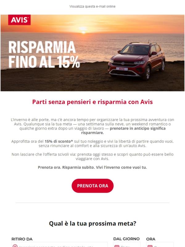 15% di sconto sui tuo prossimo viaggio con Avis