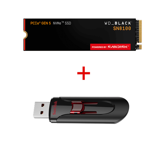Un SSD NVMe™ WD_BLACK™ e un Sandisk USB con un segno più rosso tra di loro che indica un'offerta combinata.
