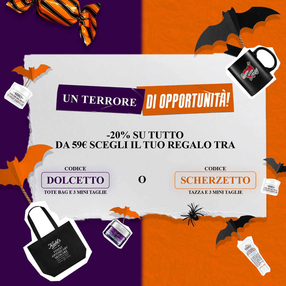 Grafica promozionale Kiehl’s a tema Halloween. Sullo sfondo arancione e viola con pipistrelli, caramelle e mini prodotti skincare, compare il testo “Un terrore di opportunità! -20% su tutto. Da 59€ scegli il tuo regalo tra codice DOLCETTO (tote bag e 3 mini-taglie) o codice SCHERZETTO (tazza e 3 mini-taglie)”