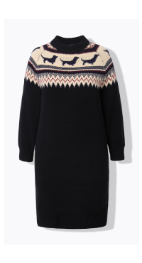 Abito in maglia con stile norvegese, cani, collo alto e maniche lunghe