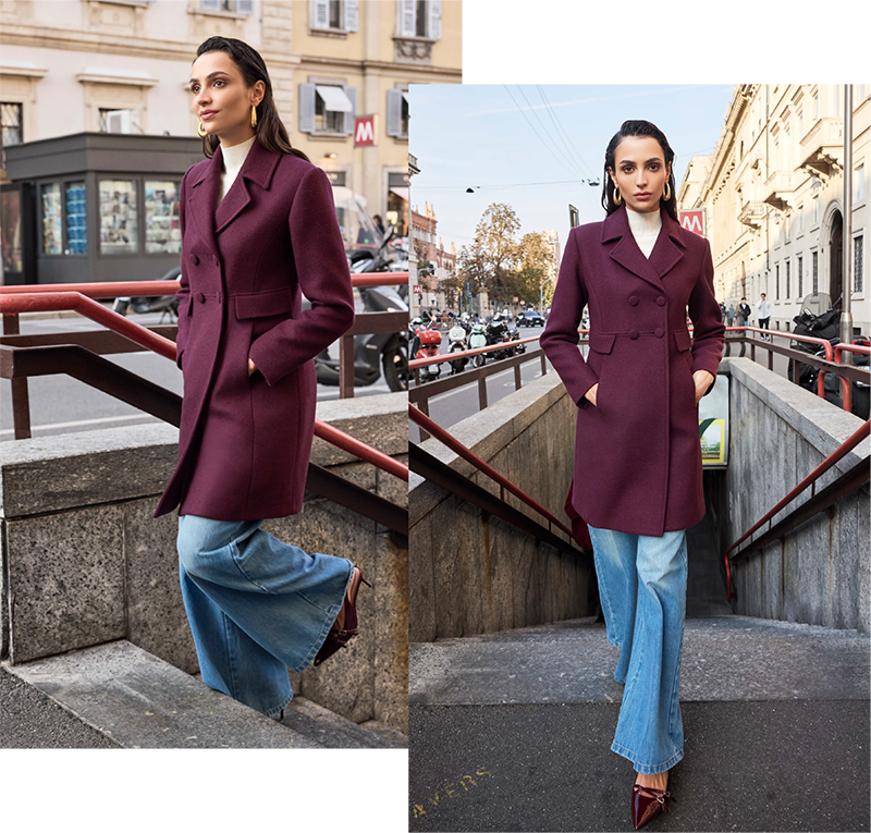Cappotto Doppiopetto Bordeaux con Bottoni Ricoperti