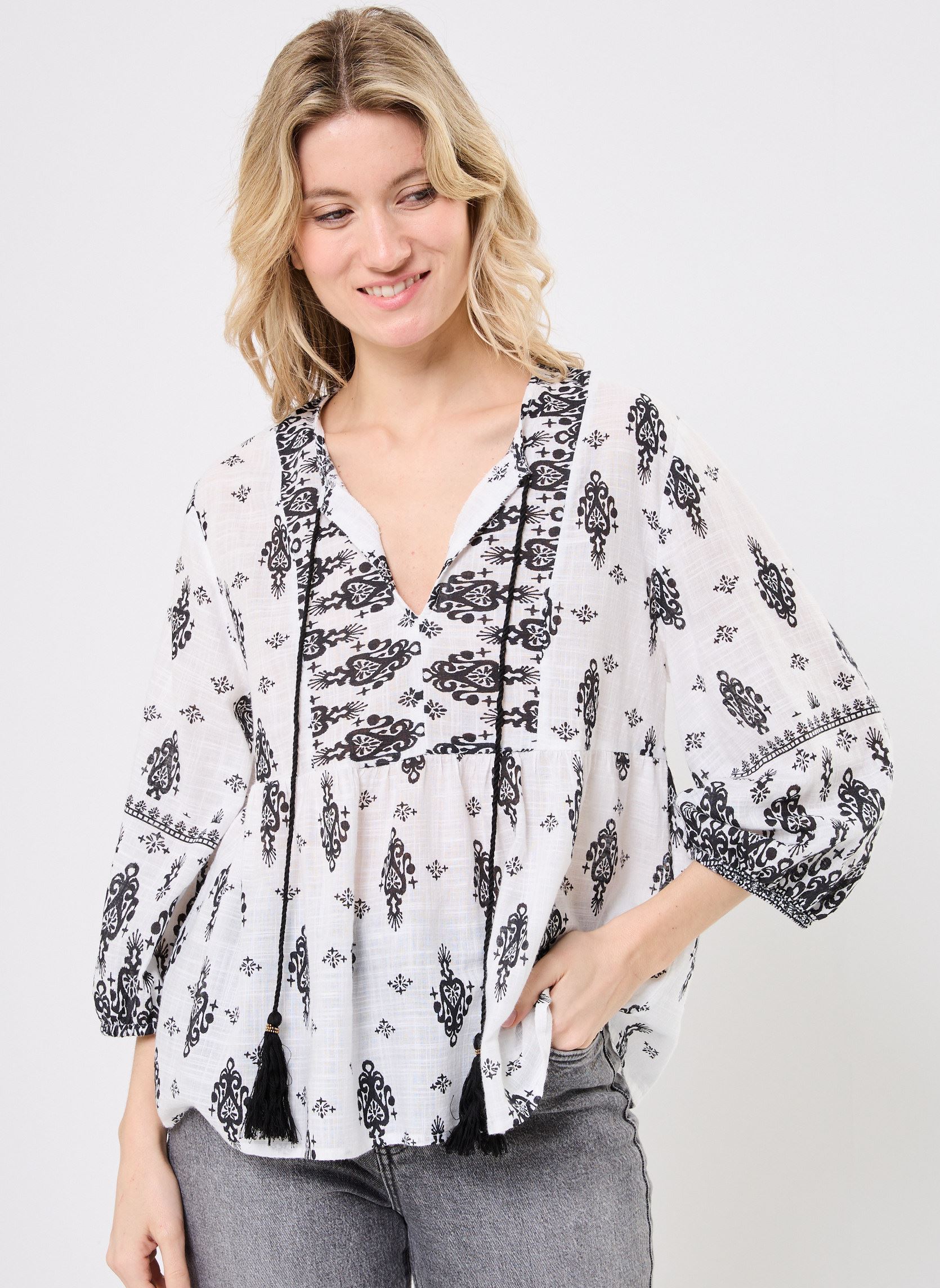 MADE BY Bluse maniche lunghe CAMICIA FOLK donna bianco