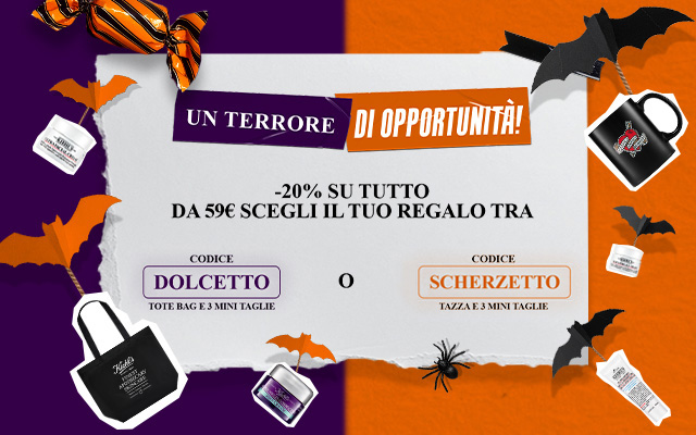 Grafica promozionale Kiehl’s a tema Halloween. Sullo sfondo arancione e viola con pipistrelli, caramelle e mini prodotti skincare, compare il testo “Un terrore di opportunità! -20% su tutto. Da 59€ scegli il tuo regalo tra codice DOLCETTO (tote bag e 3 mini-taglie) o codice SCHERZETTO (tazza e 3 mini-taglie)”