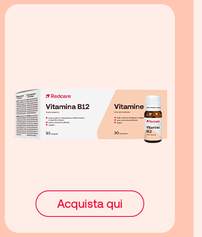 „Confezione e flacone Redcare Vitamina B12 da 30 capsule. Pulsante rosso: Acquista qui.“ „Confezione e flacone Redcare Vitamina B12 da 30 capsule. Pulsante rosso: Acquista qui.“