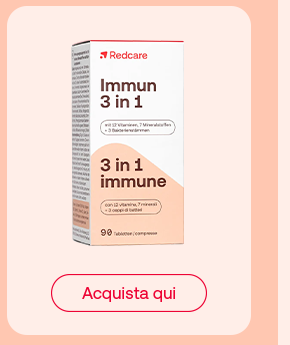 „Confezione Redcare Immun 3 in 1, integratore con 12 vitamine, 7 minerali e 3 ceppi di batteri lattici. Pulsante rosso: Acquista qui.“ „Confezione Redcare Immun 3 in 1, integratore con 12 vitamine, 7 minerali e 3 ceppi di batteri lattici. Pulsante rosso: Acquista qui.“