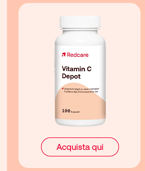 „Flacone Redcare Vitamin C Depot da 100 capsule. Pulsante rosso: Acquista qui.“ „Flacone Redcare Vitamin C Depot da 100 capsule. Pulsante rosso: Acquista qui.“