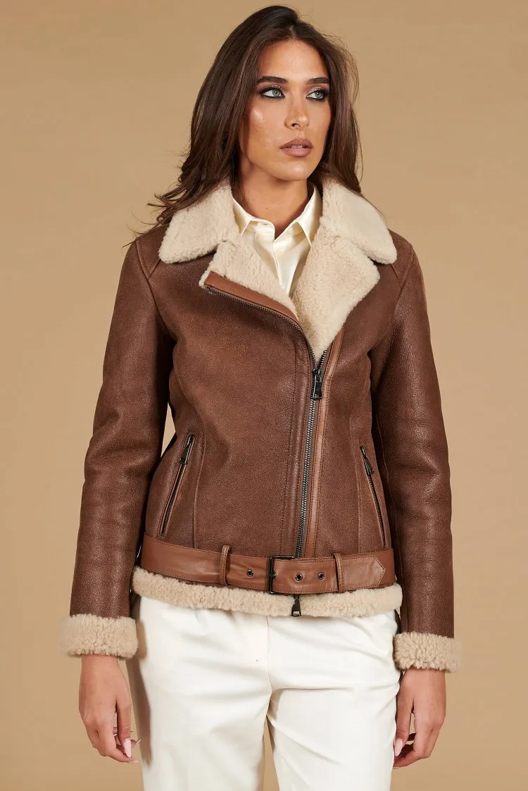 Image of Montone shearling vintage cuoio con cintura e cerniera trasversale