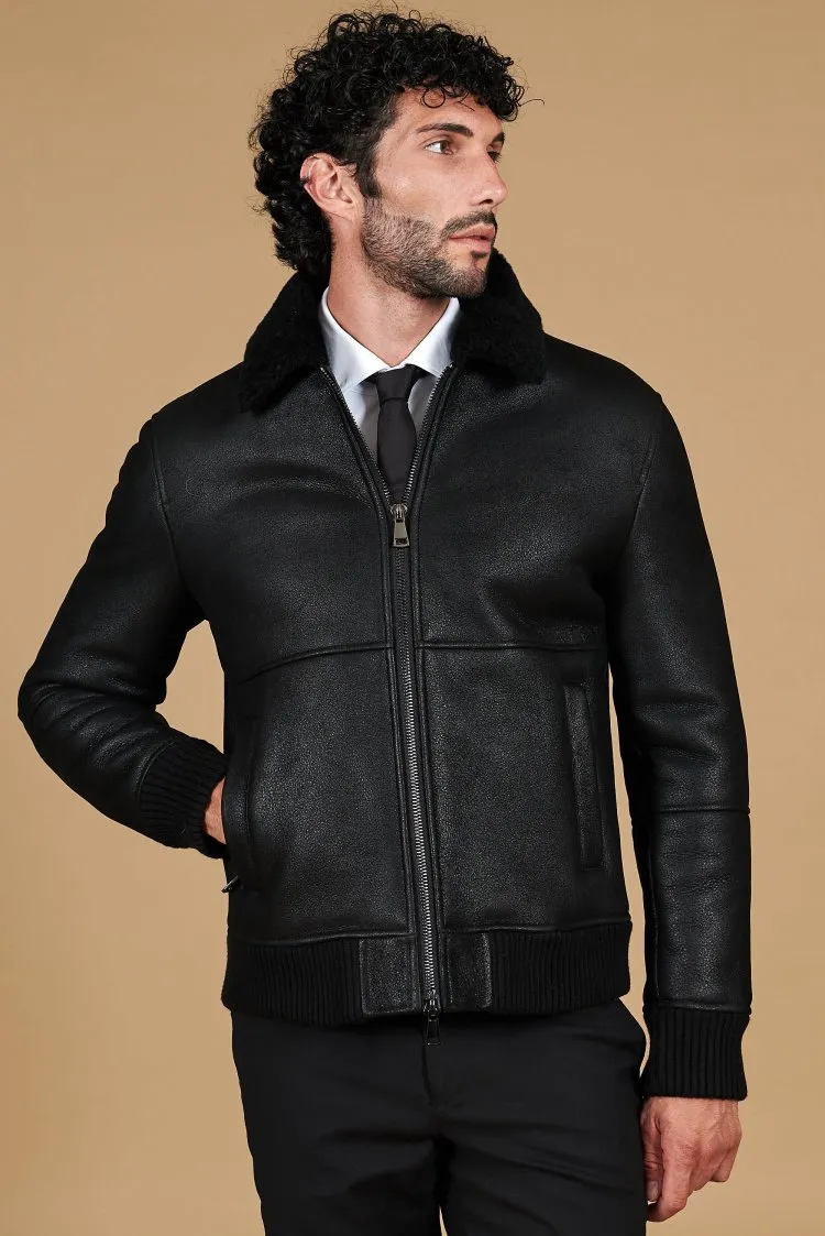 Image of Montone shearling nero vintage modello bomber collo camicia
