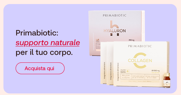 „Banner Primabiotic: confezioni di Hyaluron e Collagen. Testo: ‘Primabiotic: supporto naturale per il tuo corpo.’ Pulsante rosso: Acquista qui.“