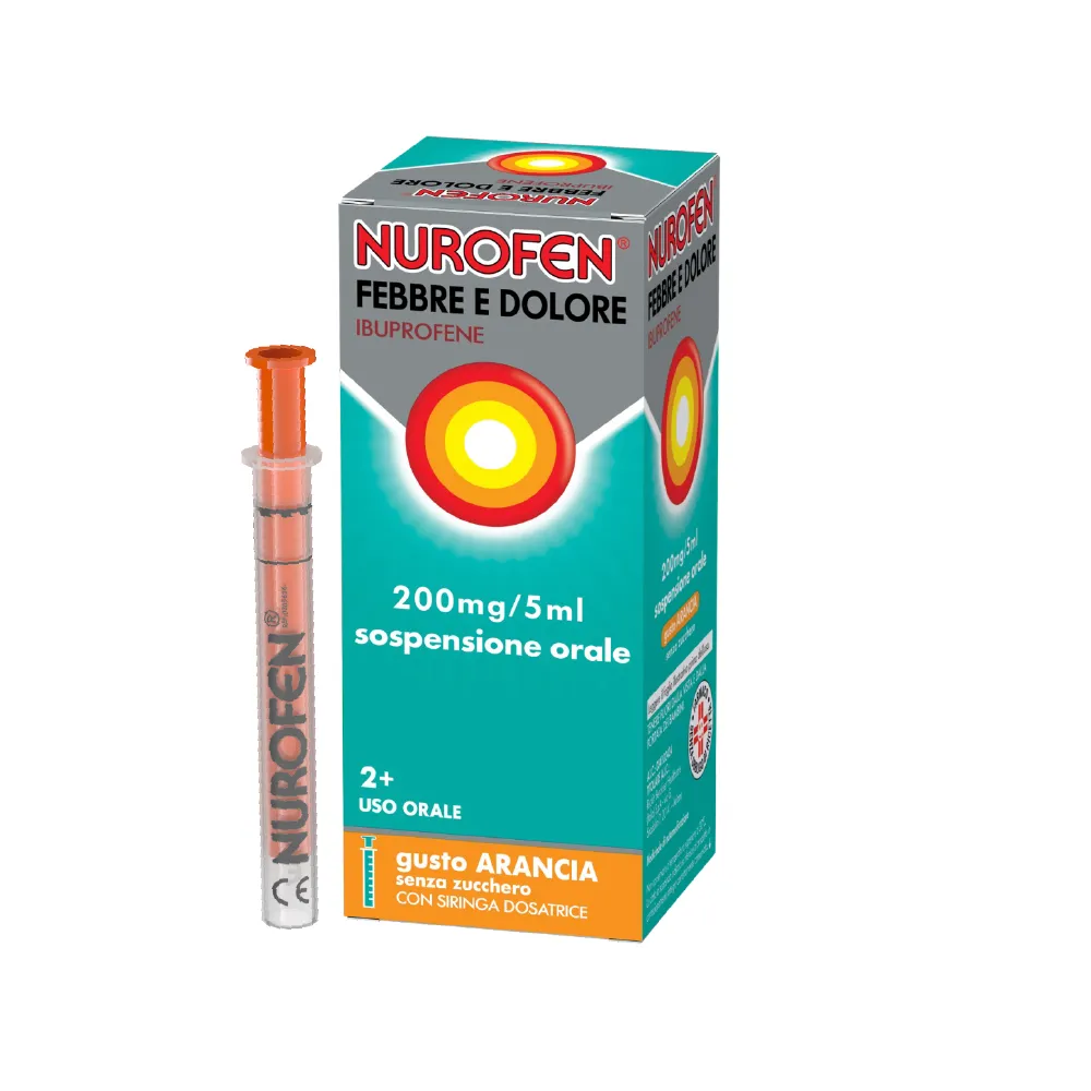 Nurofen Febbre e Dolore Bambini 200 mg/5 ml Per Febbre Dolori Ai Denti e Muscolari Gusto Arancia 100 ml