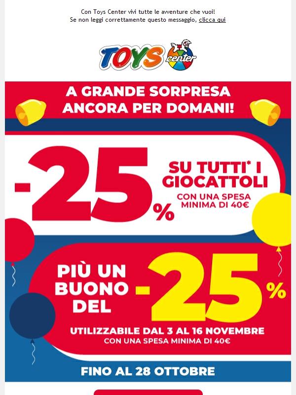 ⏰🎉 -25% su TUTTI I GIOCATTOLI, ancora fino a domani! Festeggia il nostro compleanno!