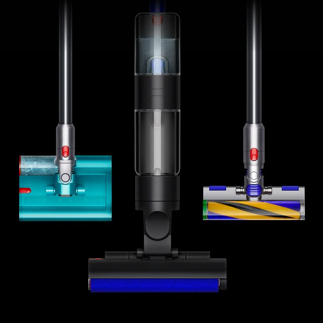 A range of Dyson floorcare machines.