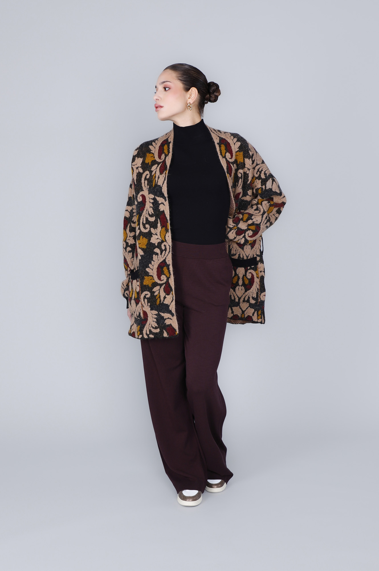 Image of maxy cardigan con cintura jacquard multi baroque