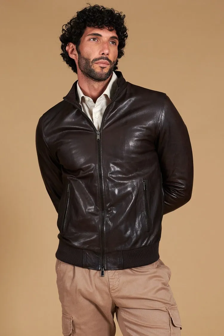 Image of Giubbotto Bomber in pelle testa di moro effetto vintage