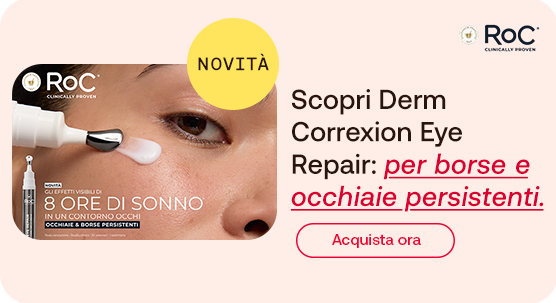 „Banner RoC: donna applica la crema contorno occhi Derm Correxion Eye Repair con applicatore metallico. Testo: ‘Scopri Derm Correxion Eye Repair: per borse e occhiaie persistenti.’ Bollino giallo con scritta ‘Novità’. Pulsante rosso: Acquista ora.“ „Banner RoC: donna applica la crema contorno occhi Derm Correxion Eye Repair con applicatore metallico. Testo: ‘Scopri Derm Correxion Eye Repair: per borse e occhiaie persistenti.’ Bollino giallo con scritta ‘Novità’. Pulsante rosso: Acquista ora.“