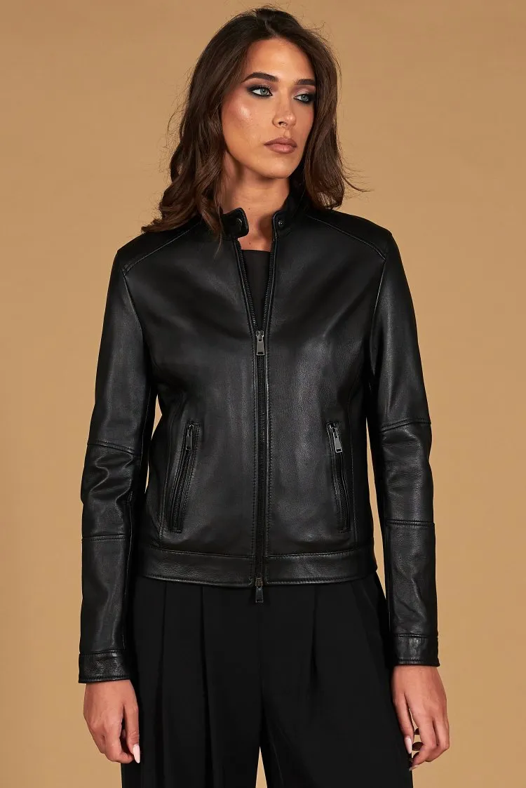 Image of Giacca biker in pelle nera nappa effetto liscio