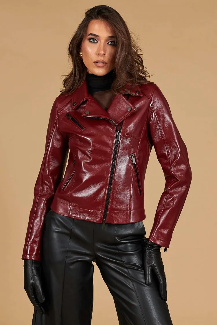 Image of Giacca chiodo in pelle colore rosso ancora effetto liscio