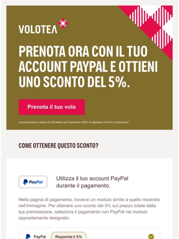 Sconto del 5% sul prezzo della tua prenotazione con PayPal