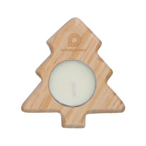 Portacandele in legno chiaro a forma di abete con candela bianca incassata e scritta incisa “onlineprinters”