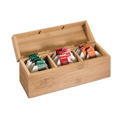 Scatola di legno marrone con tre scomparti e diverse bustine di tè